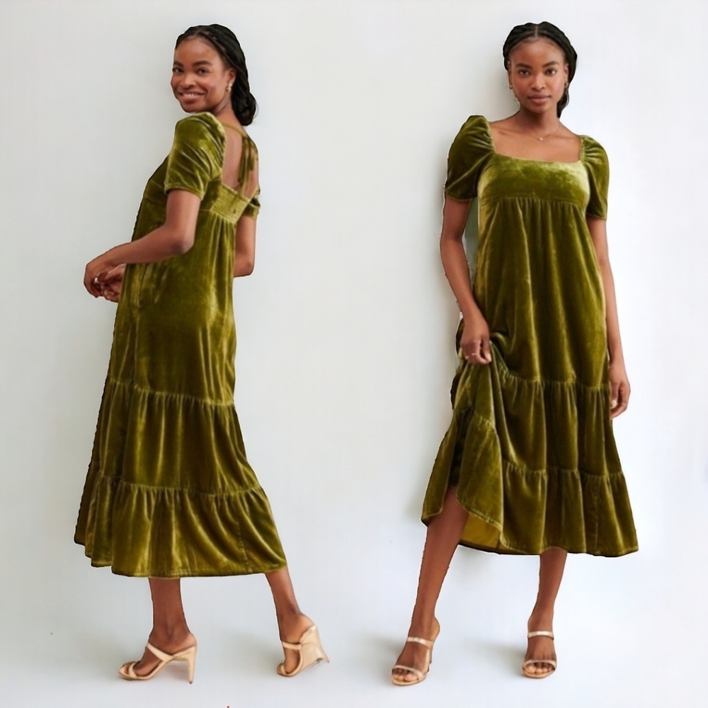 Anthropologie Velvet Square Neck Empire Waist Tiered Midi Dress Sz 8 Green